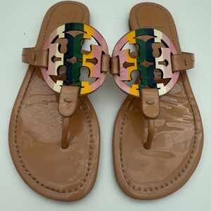 TORY BURCH Tan Beige Miller Sandal Flip Flop with Rainbow Stripe
